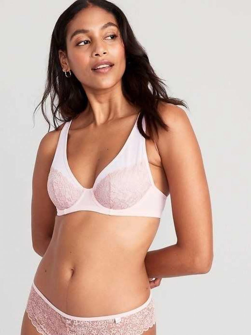 Old Navy Lace-Paneled Mesh Underwire Plunge Bra Pink Light Blue | NUY058461