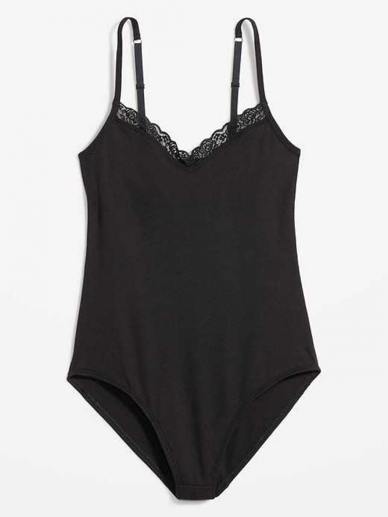 Old Navy Lace-Trimmed V-Neck Rib-Knit Cami Bodysuit Black | TEO489362