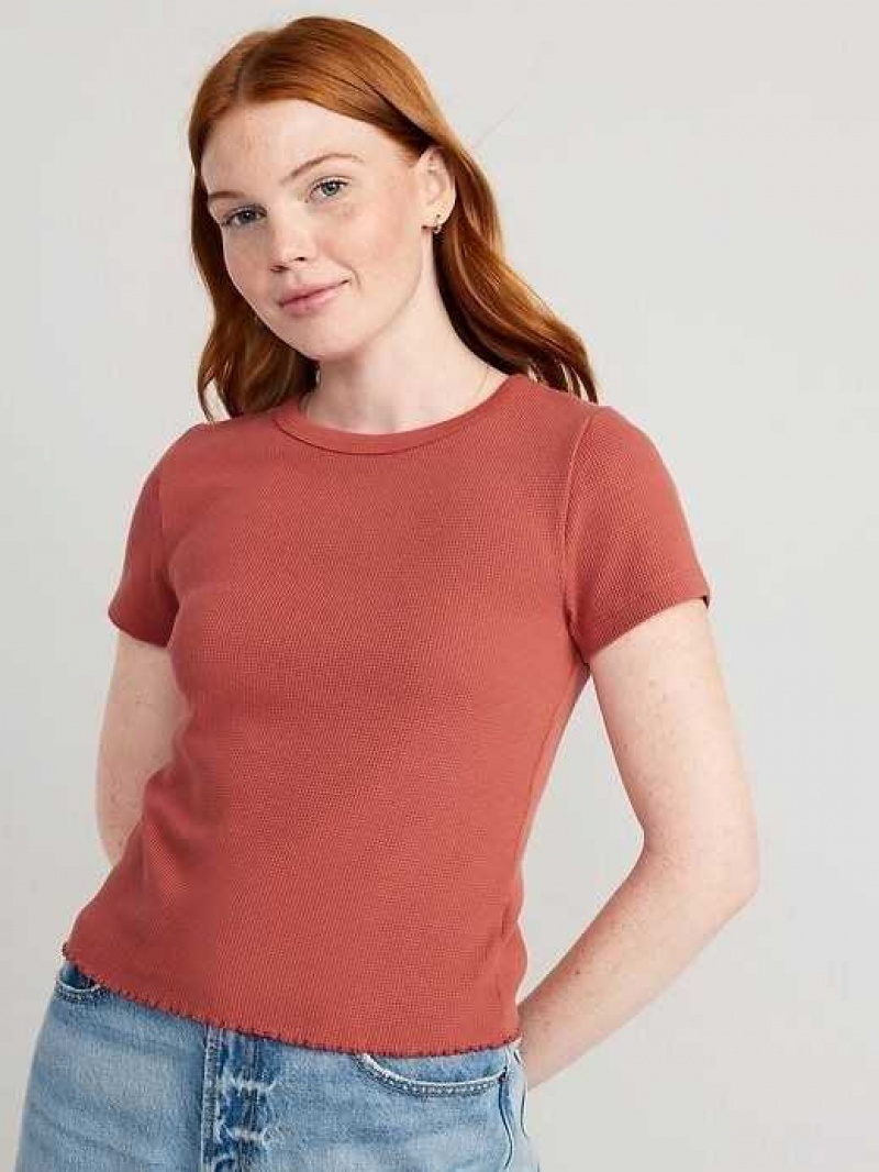 Old Navy Lettuce-Edge Thermal-Knit Cropped T-Shirt Dark Red | POZ054917