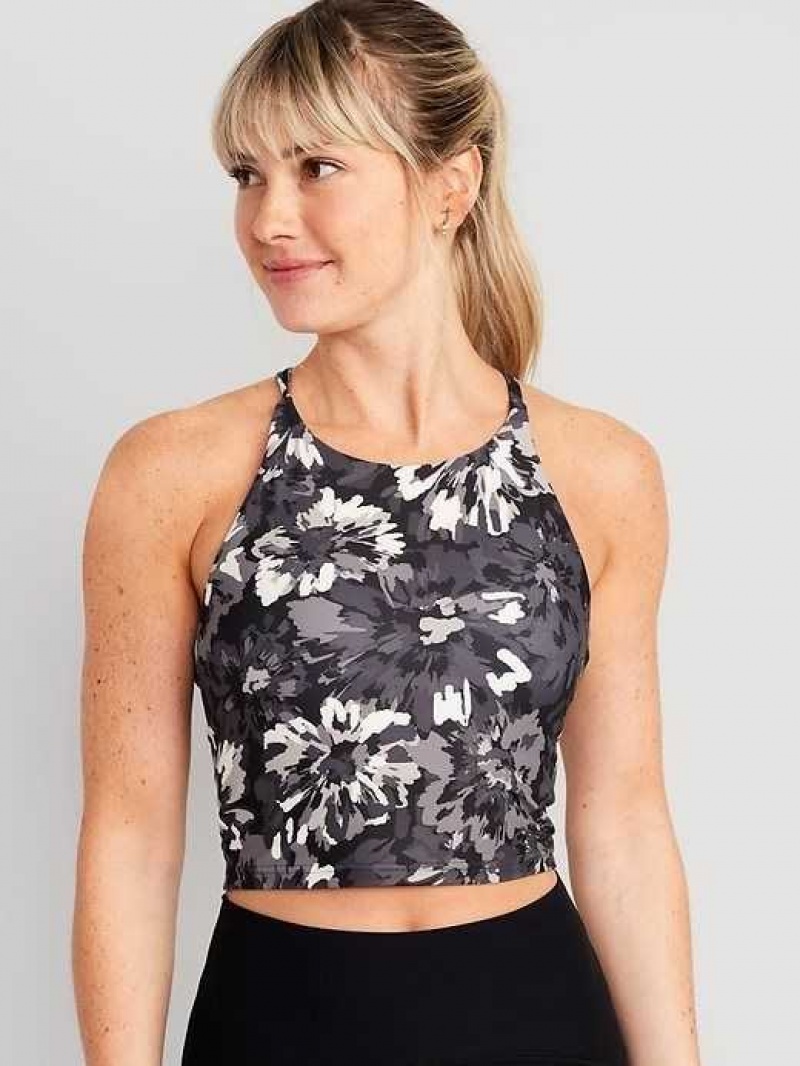 Old Navy Light Support PowerSoft Longline Sports Bra Black Grey | HWO721409