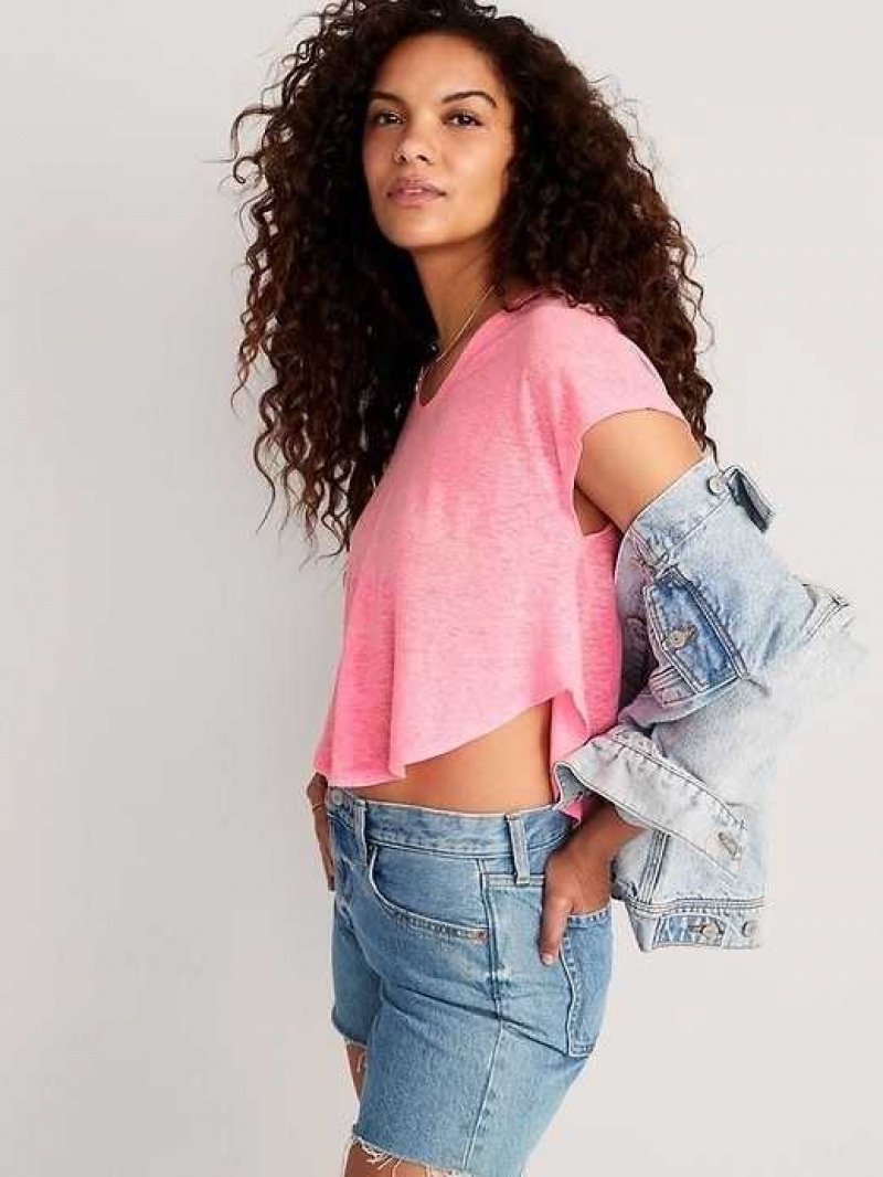 Old Navy Linen-Blend Cropped Voop-Neck T-Shirt Pink | UNE468153