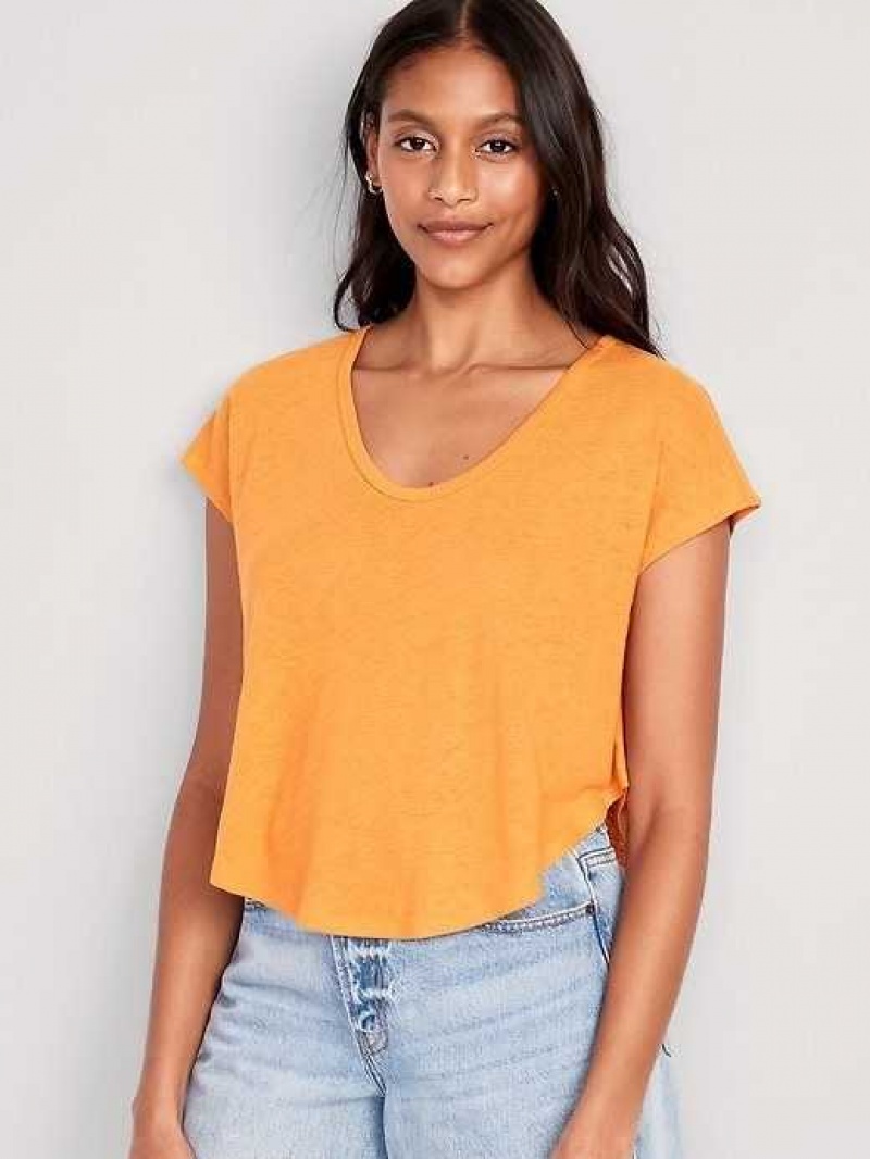 Old Navy Linen-Blend Cropped Voop-Neck T-Shirt Wild Papaya | NQV019475