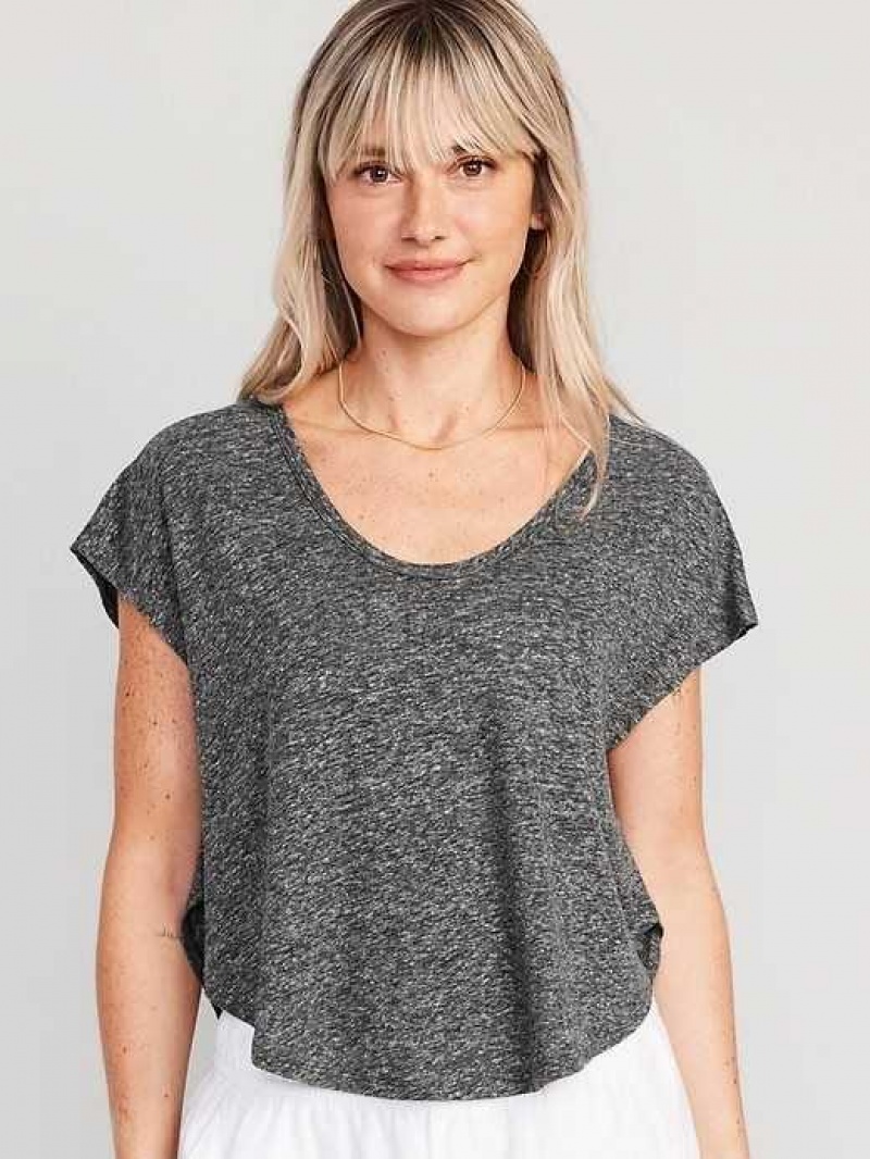 Old Navy Linen-Blend Cropped Voop-Neck T-Shirt Grey | MXP836702