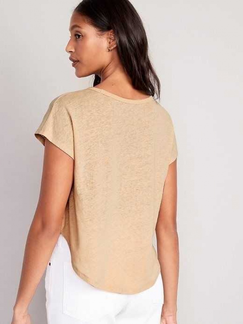 Old Navy Linen-Blend Cropped Voop-Neck T-Shirt Desert Floor | IEV295836