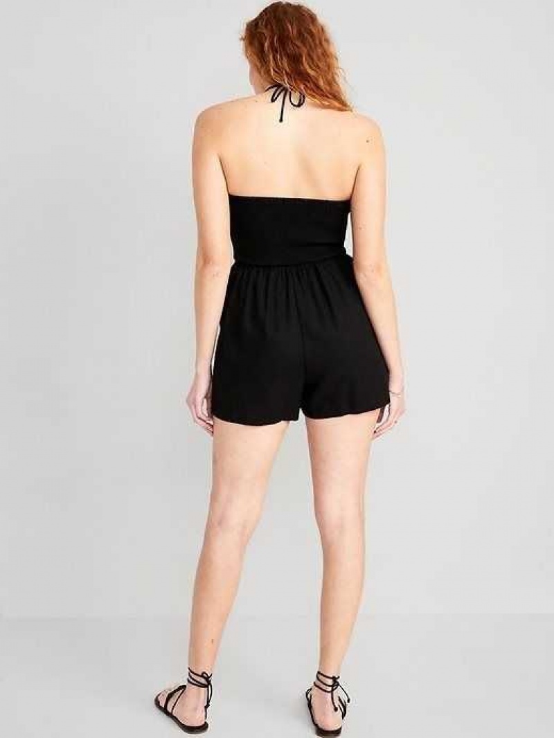 Old Navy Linen-Blend O-Ring Halter Romper Black | ZMT084163