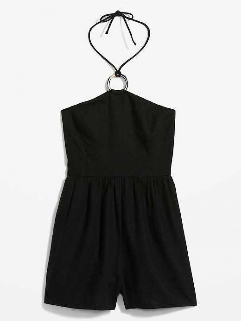 Old Navy Linen-Blend O-Ring Halter Romper Black | ZMT084163