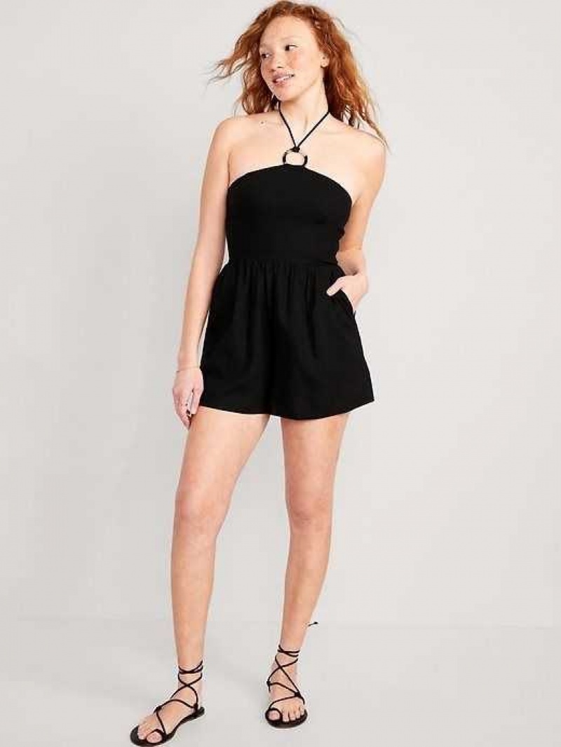 Old Navy Linen-Blend O-Ring Halter Romper Black | ZMT084163