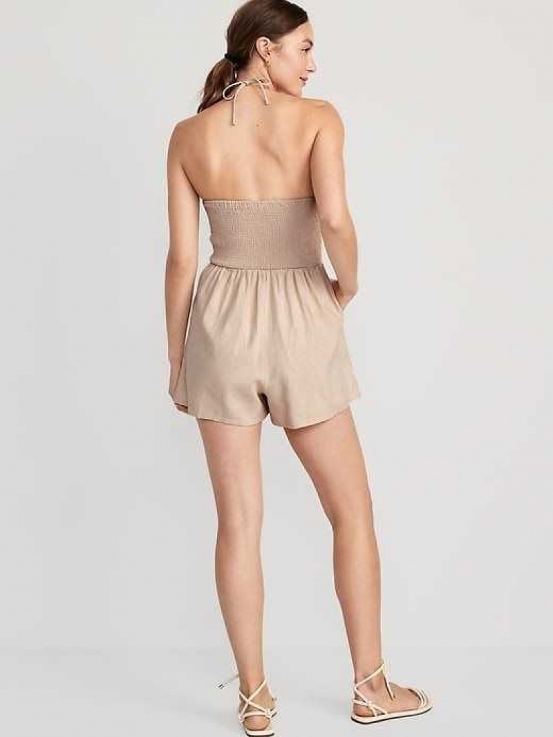 Old Navy Linen-Blend O-Ring Halter Romper Desert Floor | FVB654380