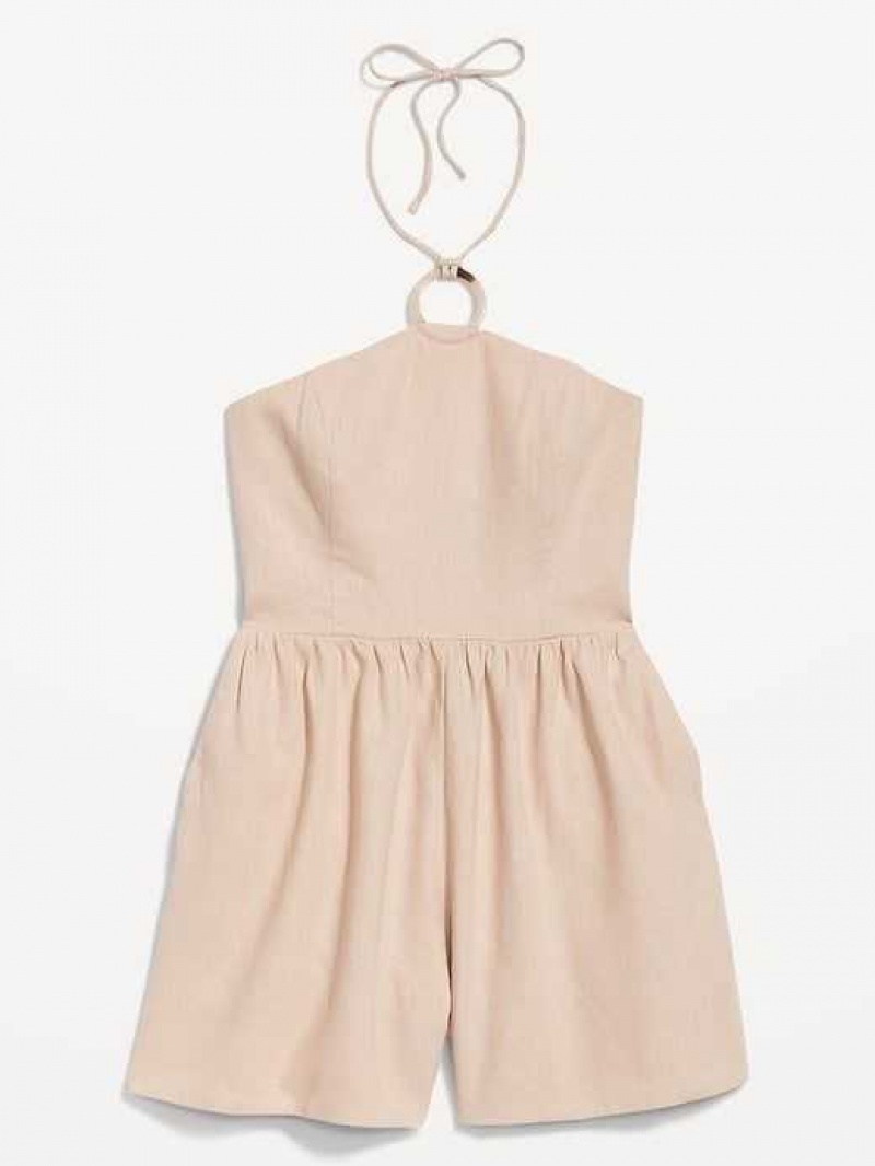 Old Navy Linen-Blend O-Ring Halter Romper Desert Floor | FVB654380