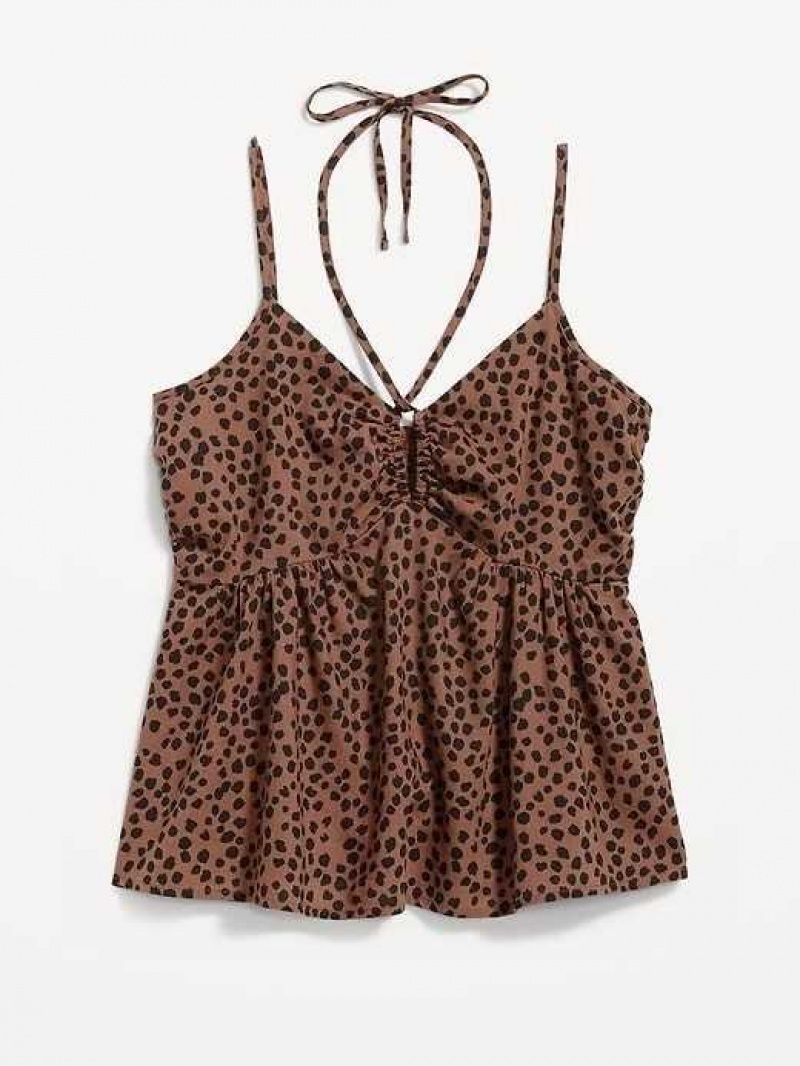 Old Navy Linen-Blend Strappy Keyhole-Front Smocked Babydoll Cami Top Brown | KBG439860