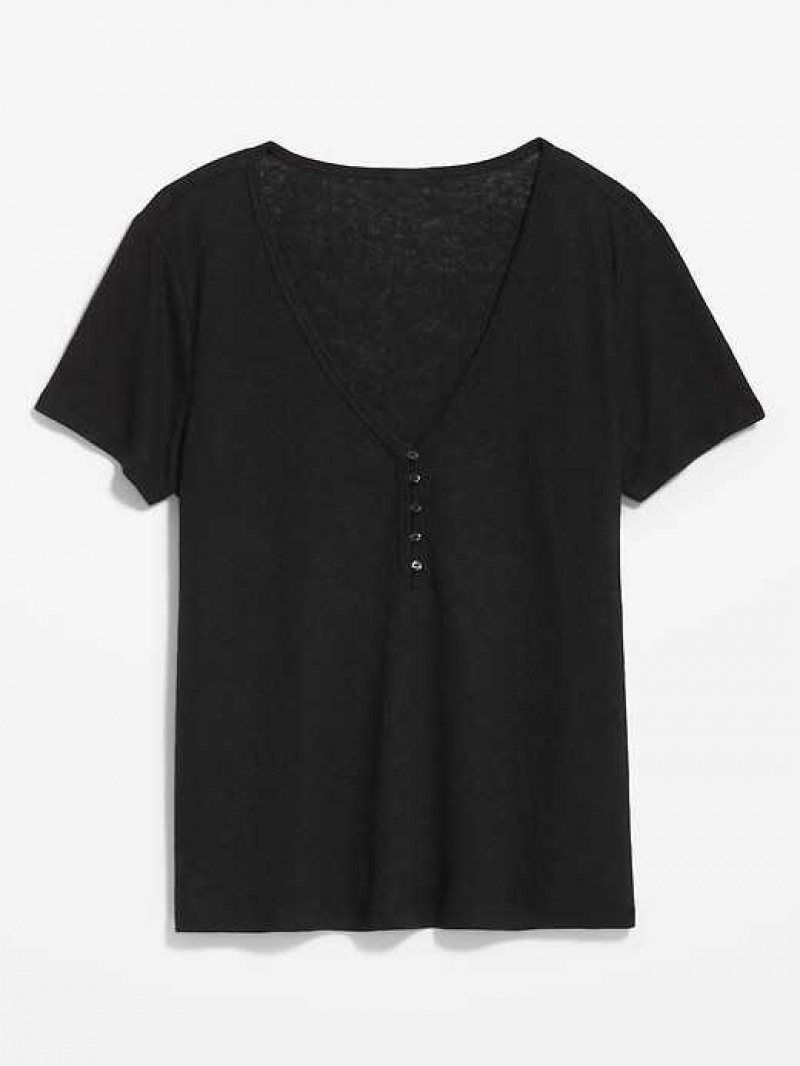 Old Navy Linen-Blend V-Neck Henley T-Shirt Black | OUV238756