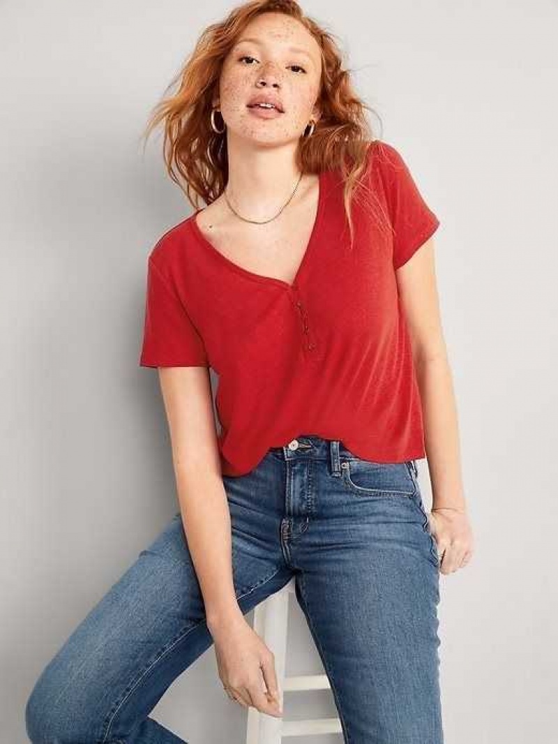 Old Navy Linen-Blend V-Neck Henley T-Shirt Red | LQT193564