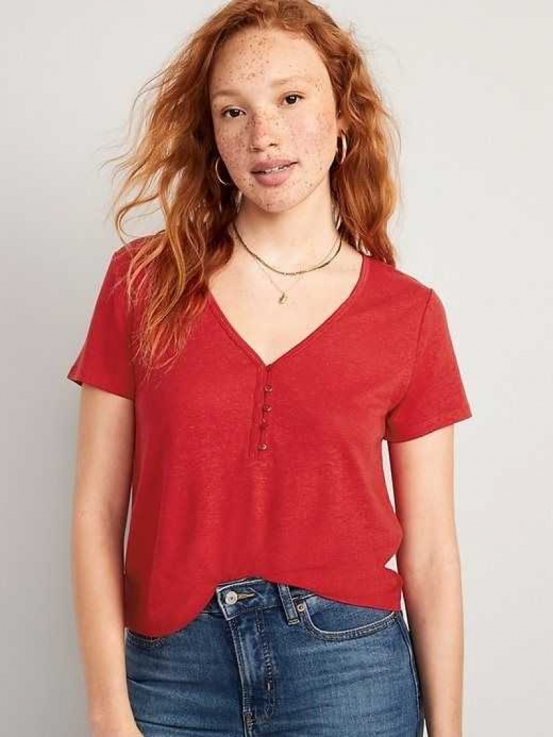 Old Navy Linen-Blend V-Neck Henley T-Shirt Red | LQT193564