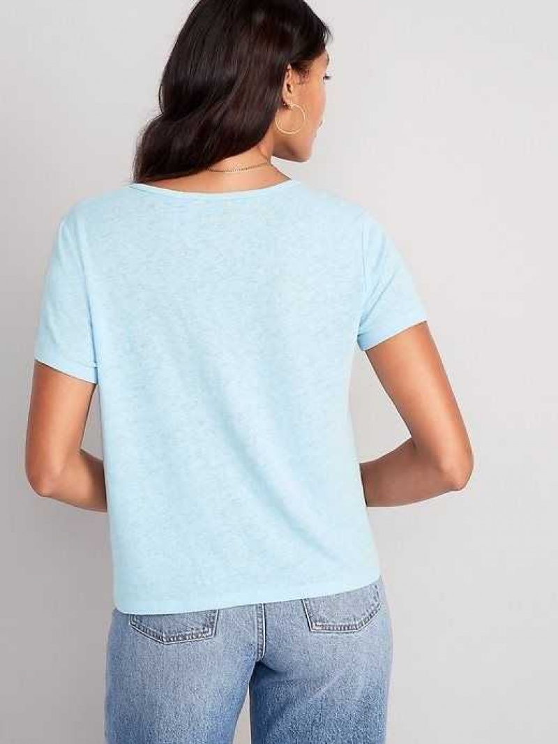 Old Navy Linen-Blend V-Neck Henley T-Shirt Blue | FIV829436