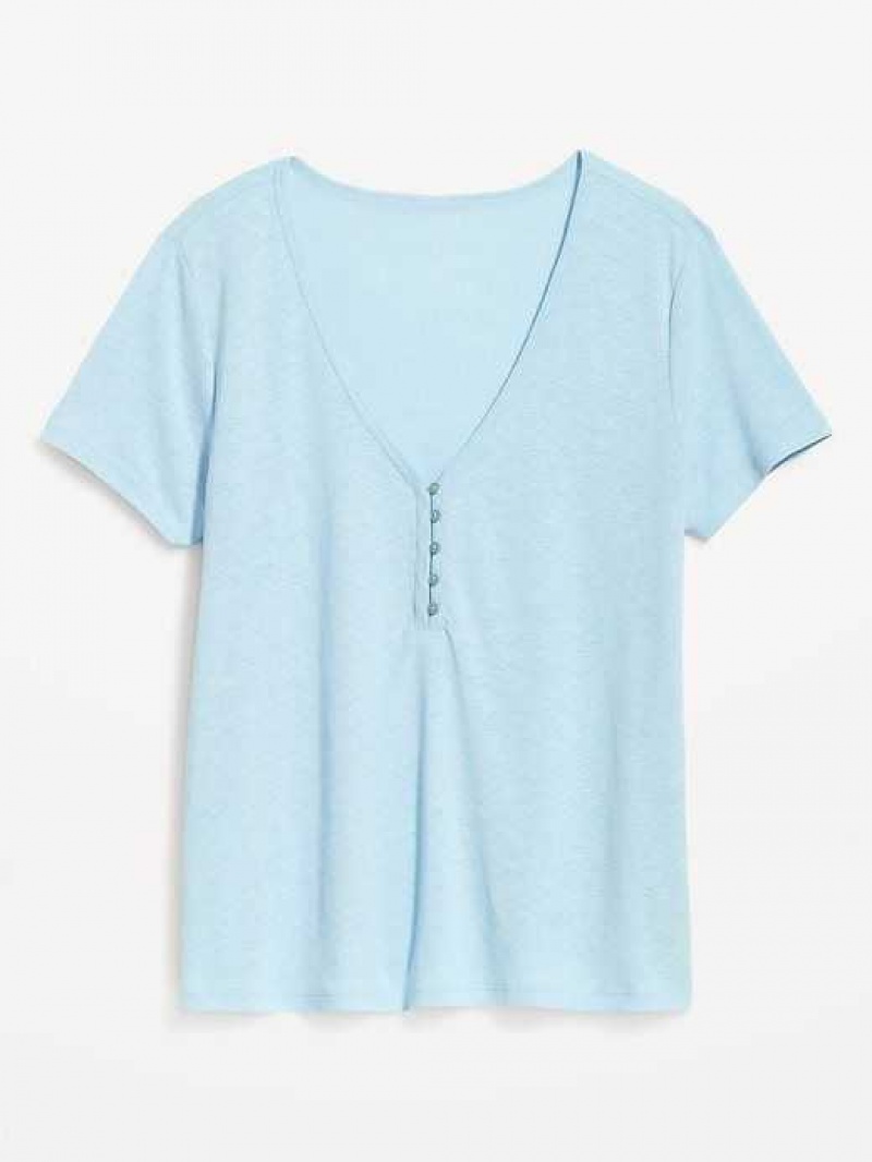 Old Navy Linen-Blend V-Neck Henley T-Shirt Blue | FIV829436