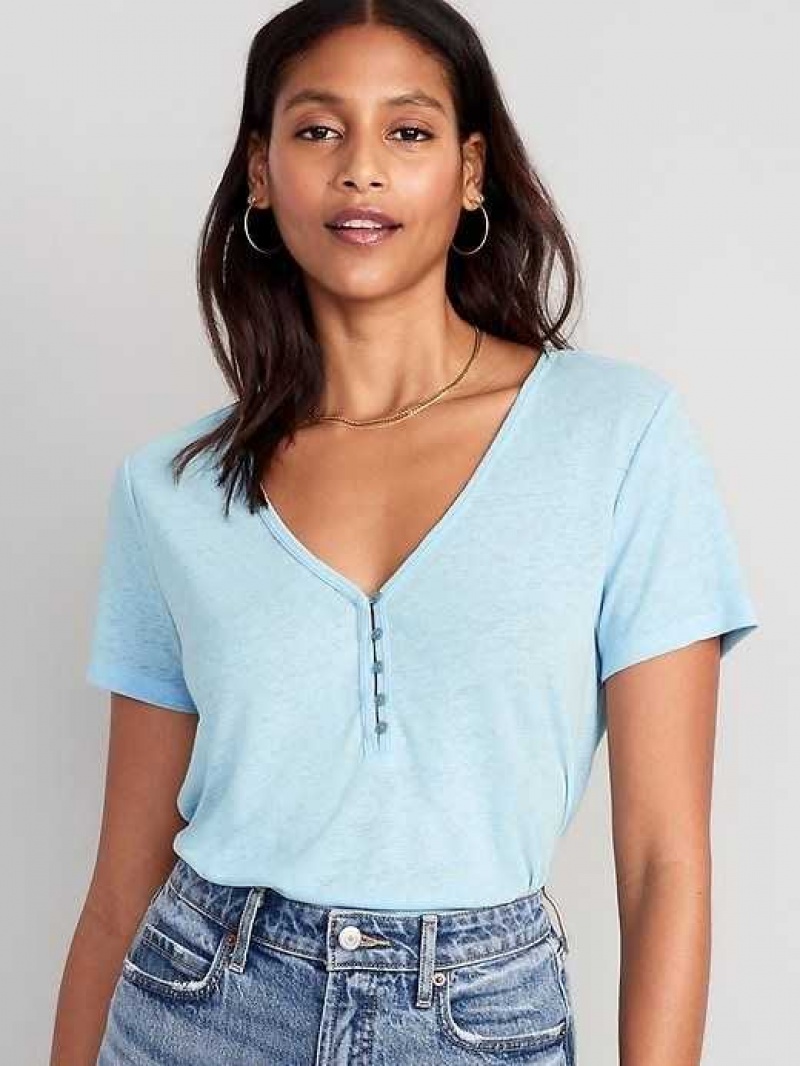 Old Navy Linen-Blend V-Neck Henley T-Shirt Blue | FIV829436