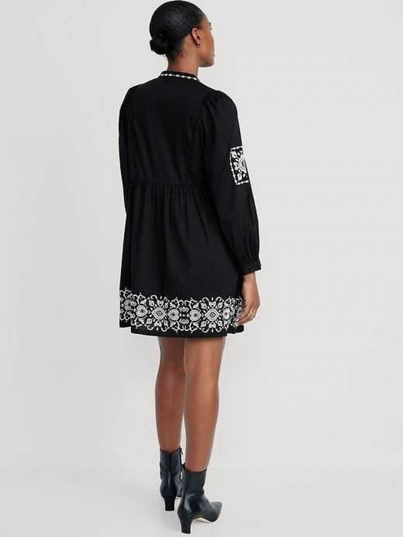 Old Navy Long-Sleeve Embroidered Mini Swing Dress Black | HAS192356