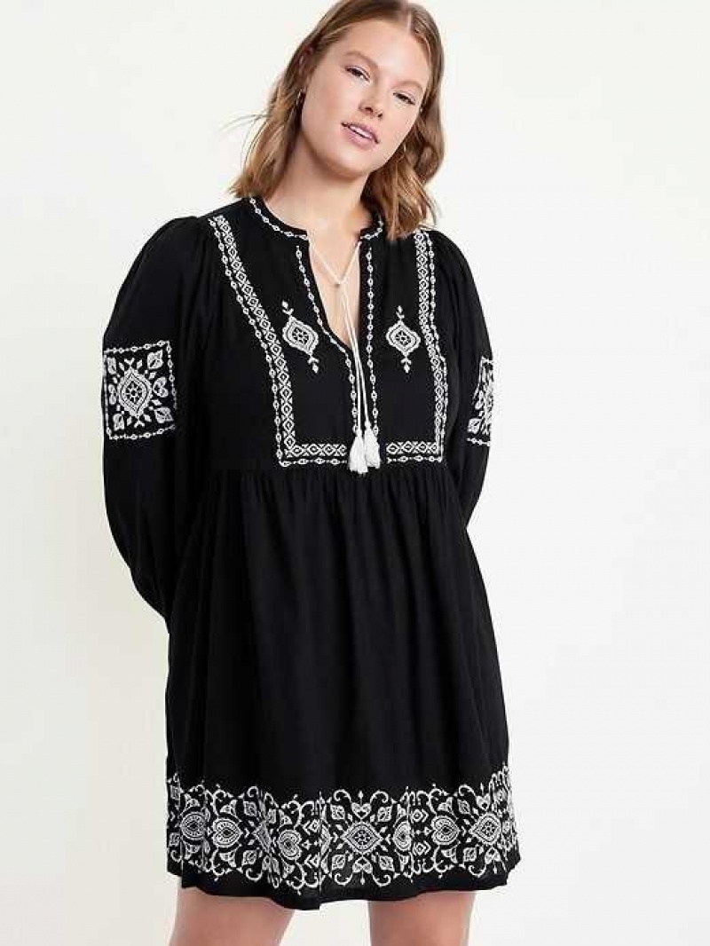 Old Navy Long-Sleeve Embroidered Mini Swing Dress Black | HAS192356