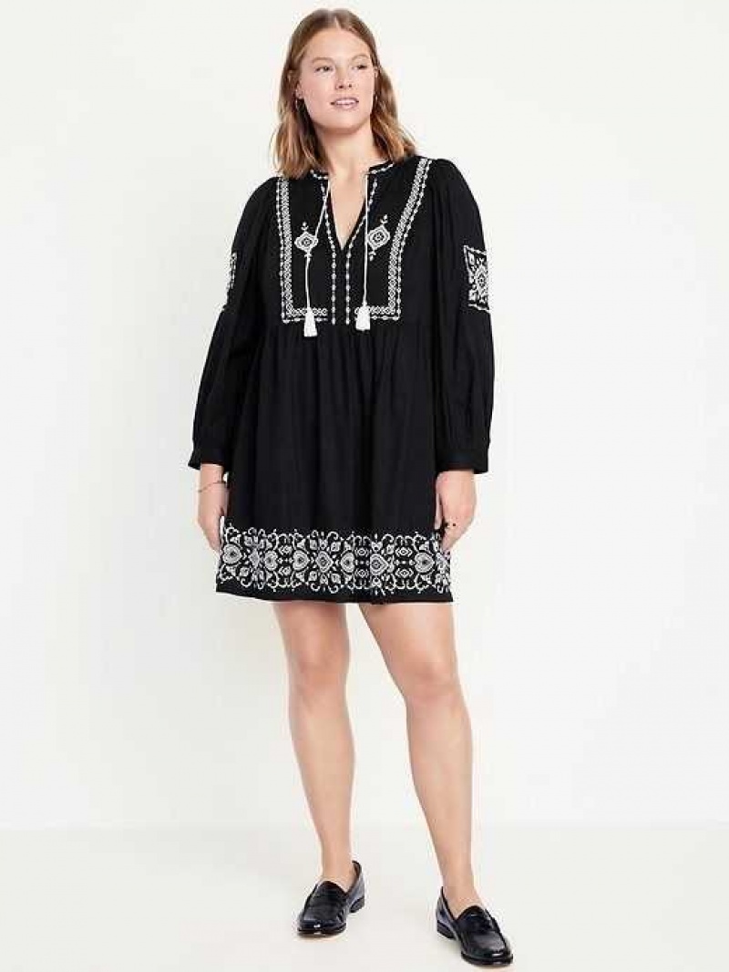 Old Navy Long-Sleeve Embroidered Mini Swing Dress Black | HAS192356