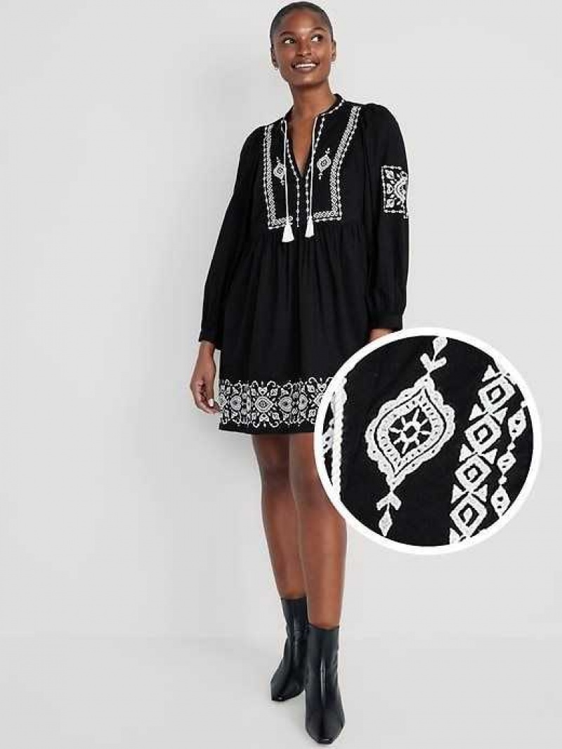 Old Navy Long-Sleeve Embroidered Mini Swing Dress Black | HAS192356