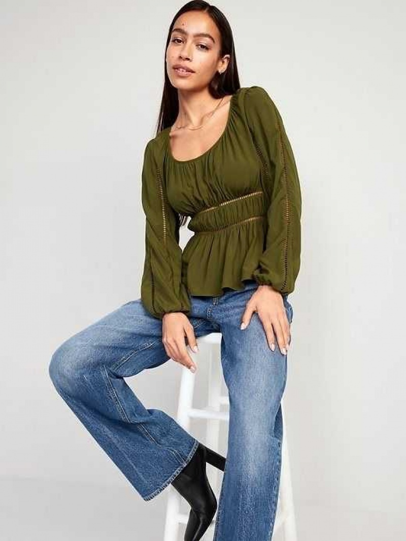 Old Navy Long-Sleeve Lace-Trim Top Conifer | VJW403156