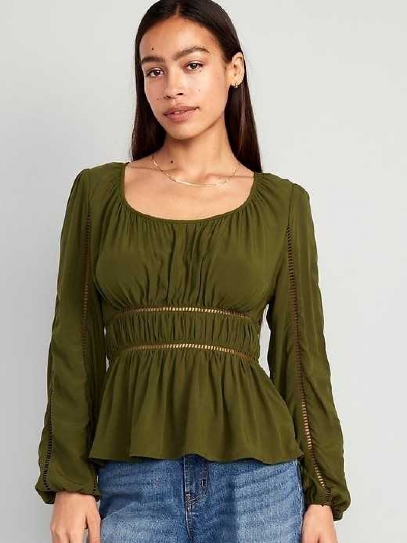 Old Navy Long-Sleeve Lace-Trim Top Conifer | VJW403156