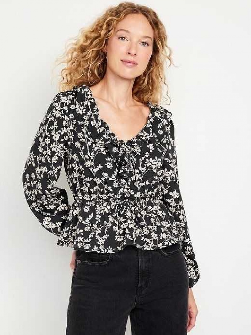 Old Navy Long-Sleeve Ruffle-Trim Blouse Black | BYZ920546