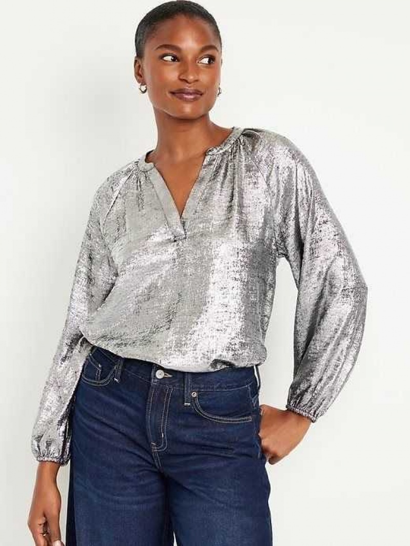 Old Navy Long-Sleeve Shiny Top Silver | AXL037851