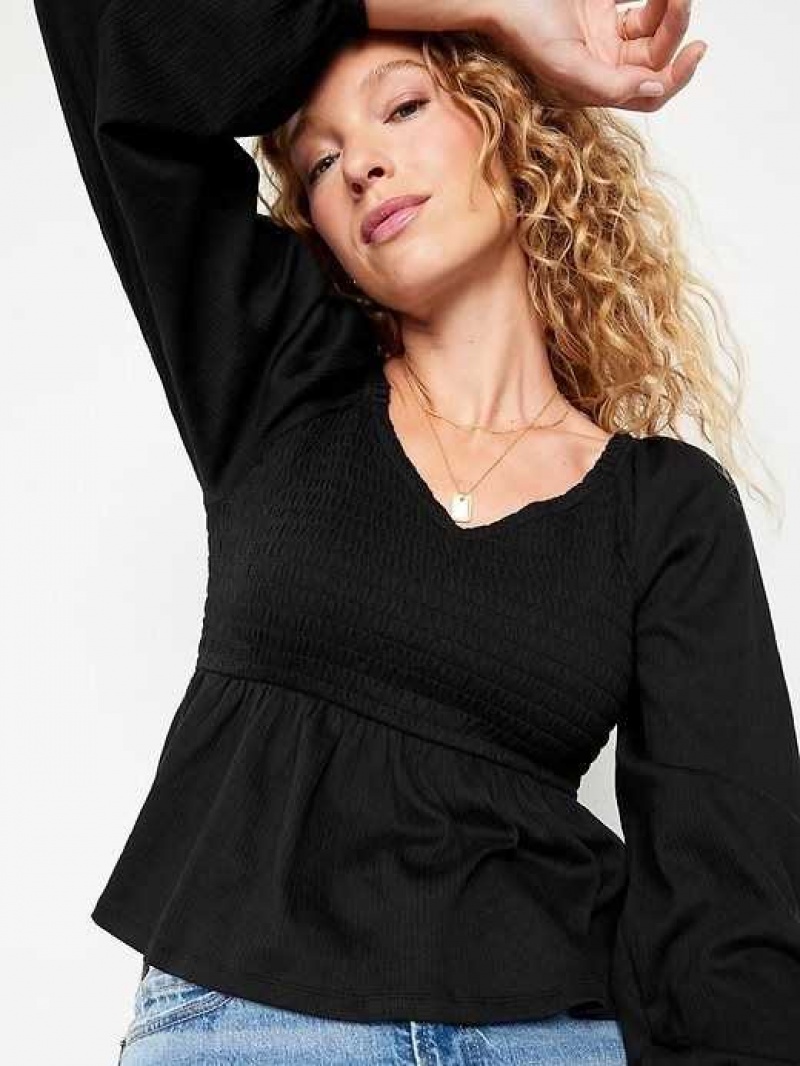 Old Navy Long-Sleeve Smocked Peplum Top Black | YDJ065428