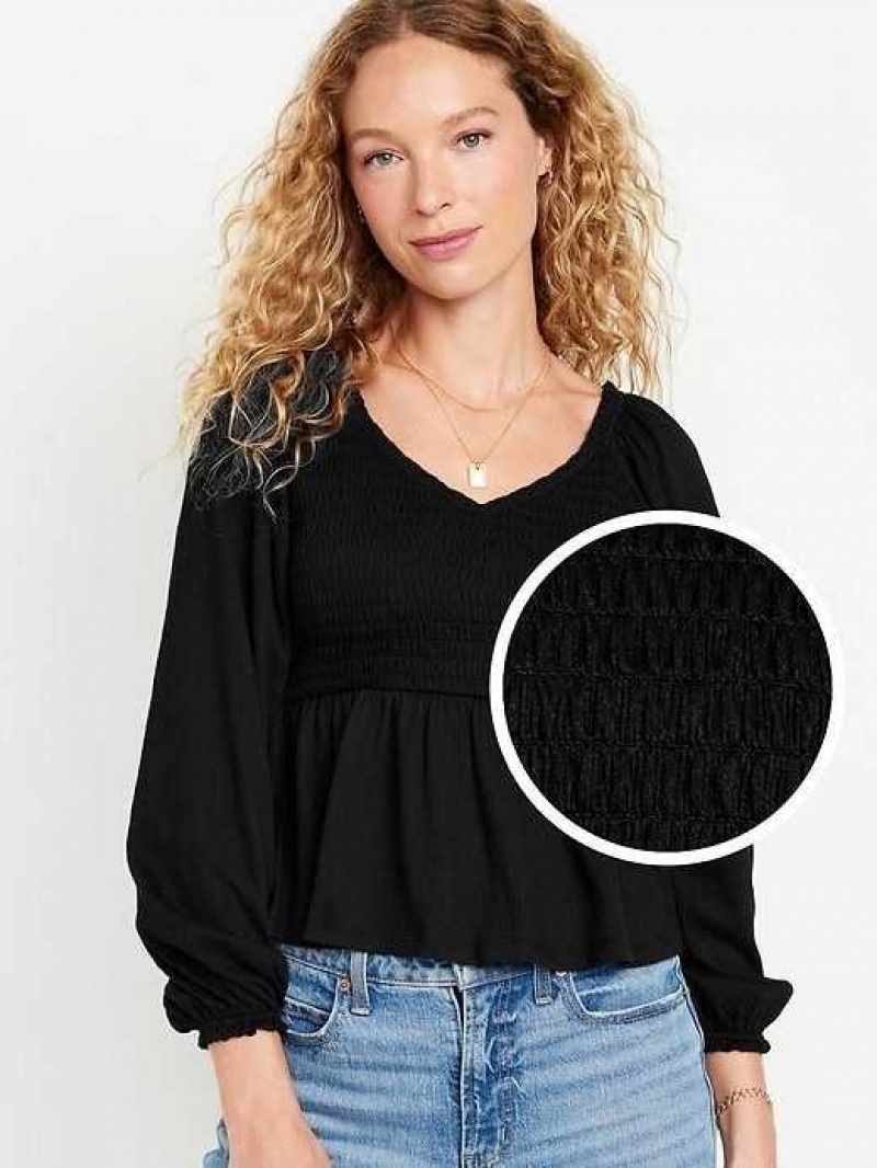 Old Navy Long-Sleeve Smocked Peplum Top Black | YDJ065428