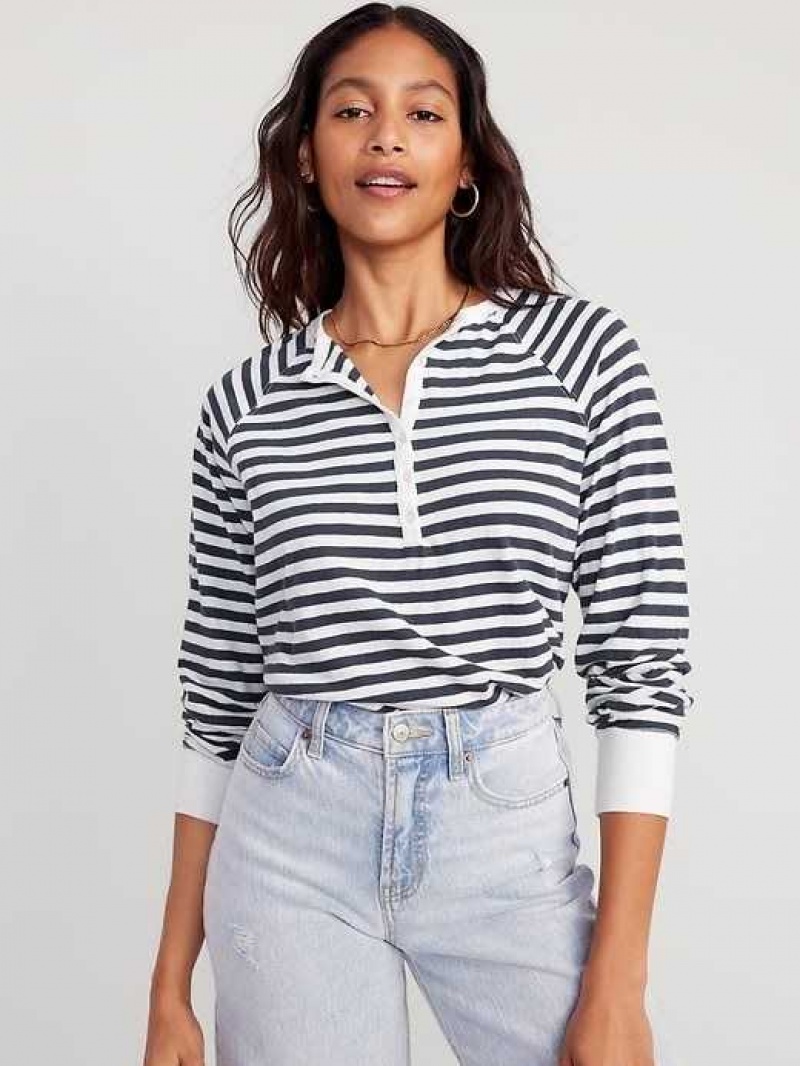 Old Navy Long-Sleeve Striped Henley T-Shirt Navy Stripes | LDA186473