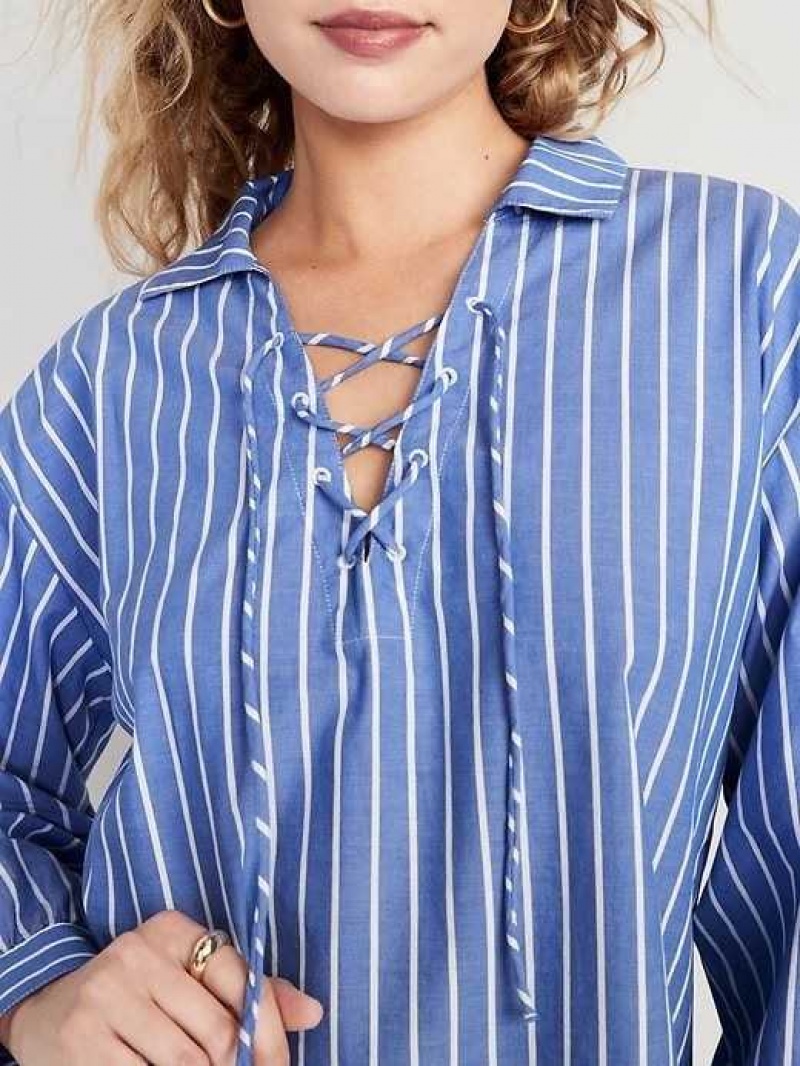 Old Navy Long-Sleeve Tie-Front Notch Collar Shirt Blue Stripes | RTW253691