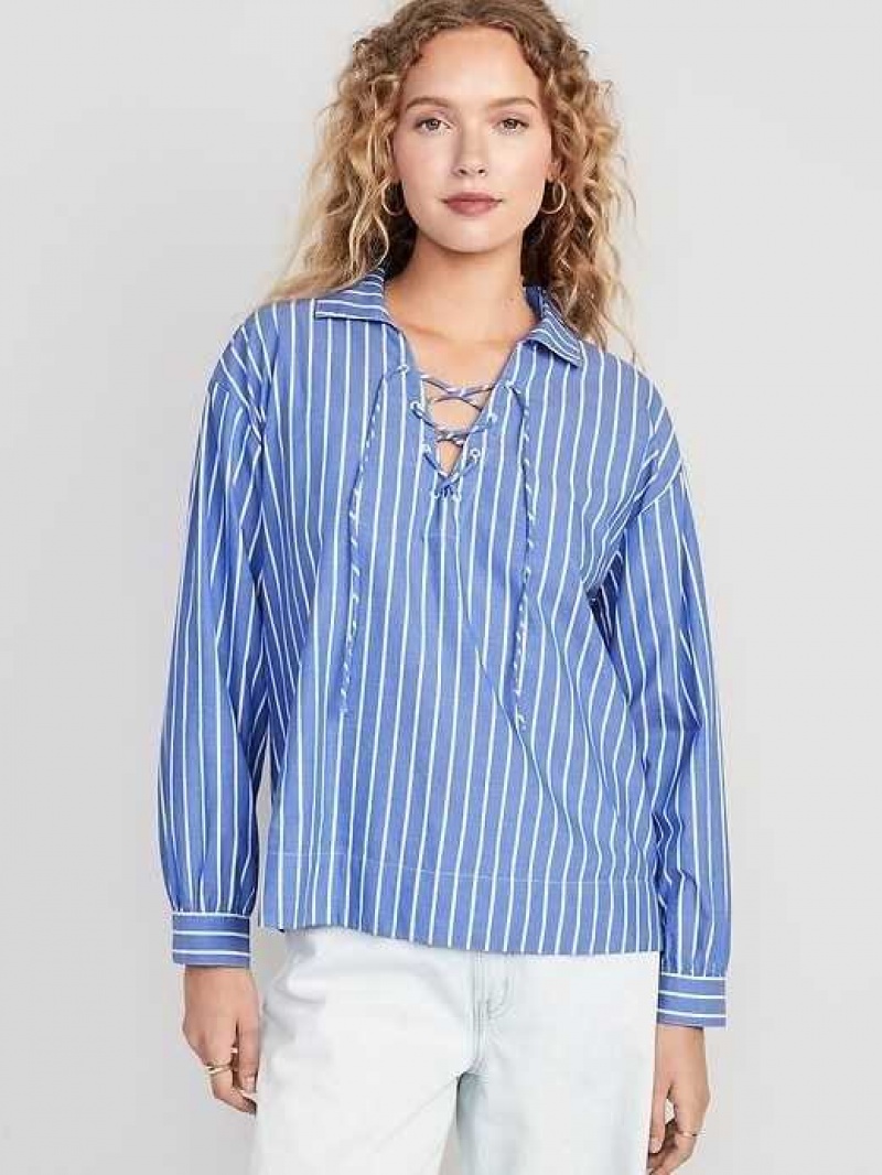 Old Navy Long-Sleeve Tie-Front Notch Collar Shirt Blue Stripes | RTW253691