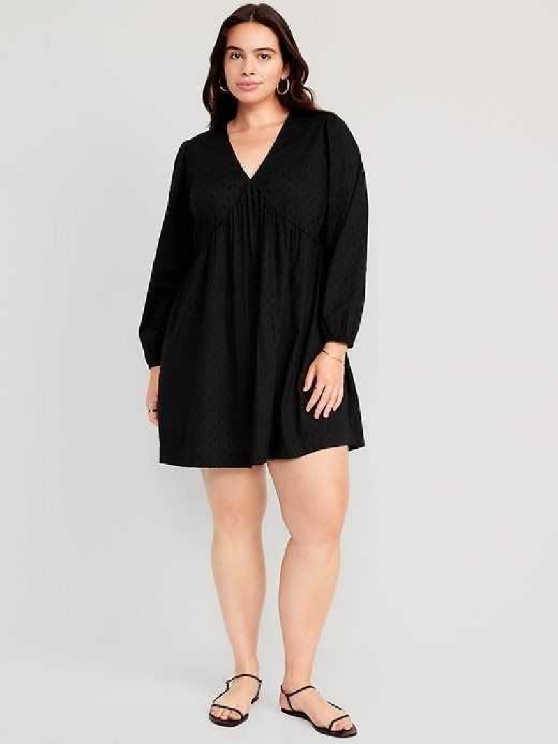 Old Navy Long-Sleeve V-Neck Clip-Dot Mini Swing Dress Black | EHJ497651