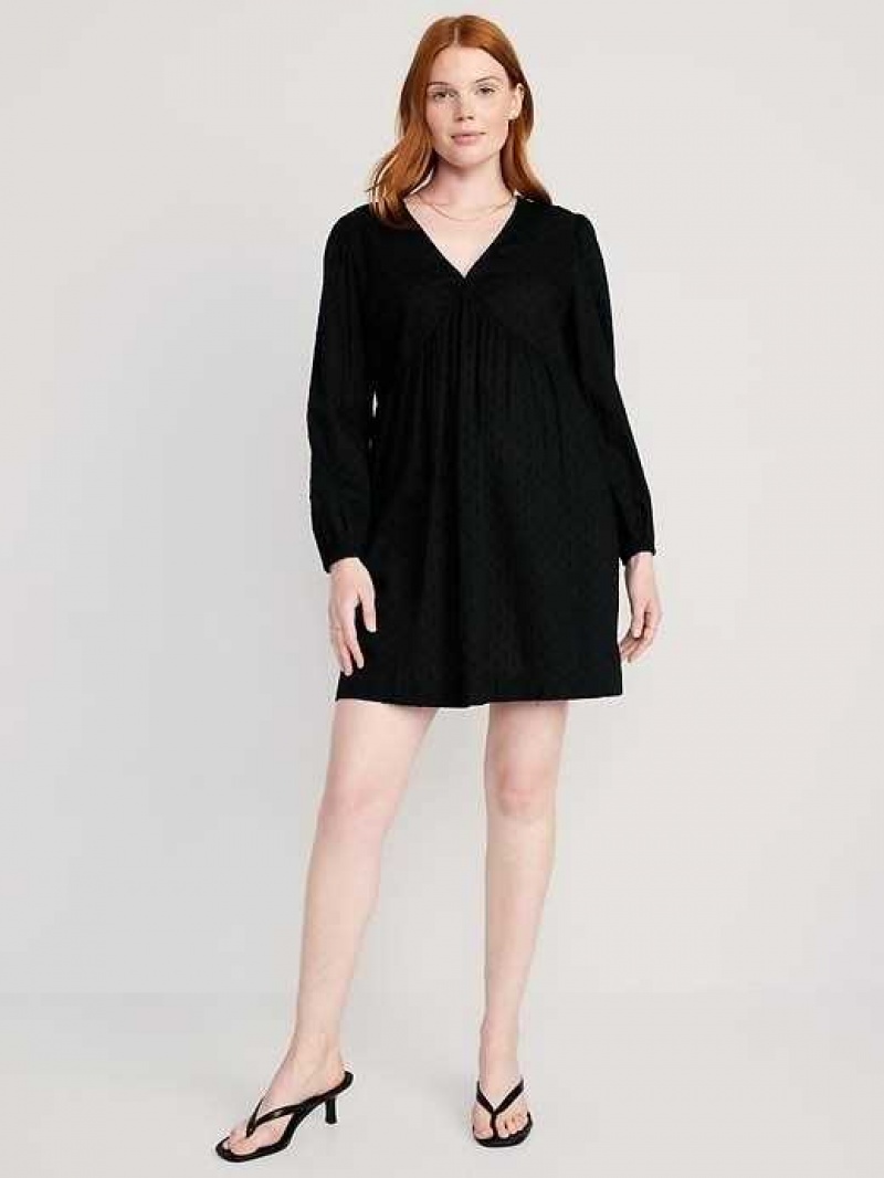 Old Navy Long-Sleeve V-Neck Clip-Dot Mini Swing Dress Black | EHJ497651