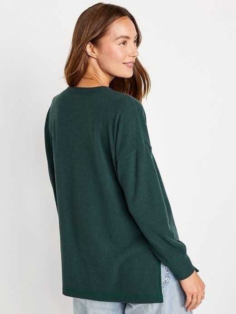 Old Navy Long Sleeve Oversized Boyfriend Henley Deep Green | NTI975861