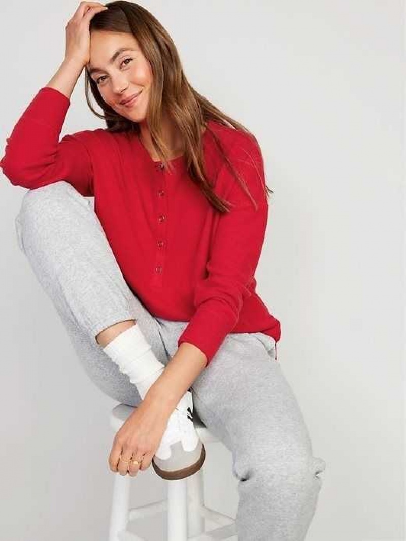 Old Navy Long Sleeve Oversized Boyfriend Henley Red | KDI403978