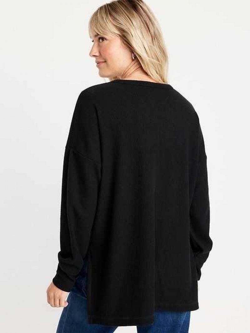 Old Navy Long Sleeve Oversized Boyfriend Henley Black | GFB729130