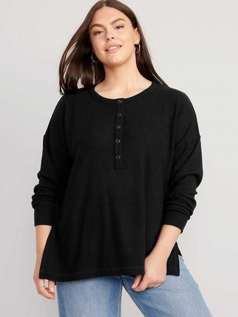 Old Navy Long Sleeve Oversized Boyfriend Henley Black | GFB729130