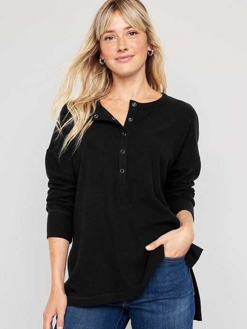 Old Navy Long Sleeve Oversized Boyfriend Henley Black | GFB729130