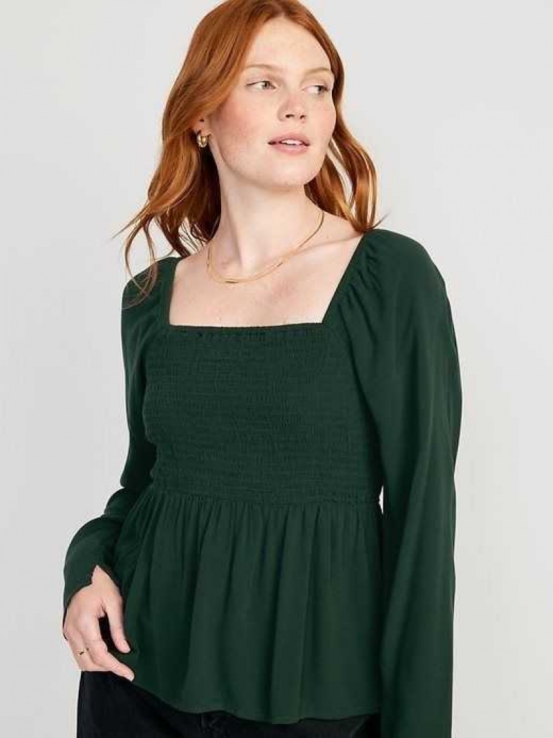 Old Navy Long Sleeve Smocked Peplum Blouse Dark Bottle | JPM654138