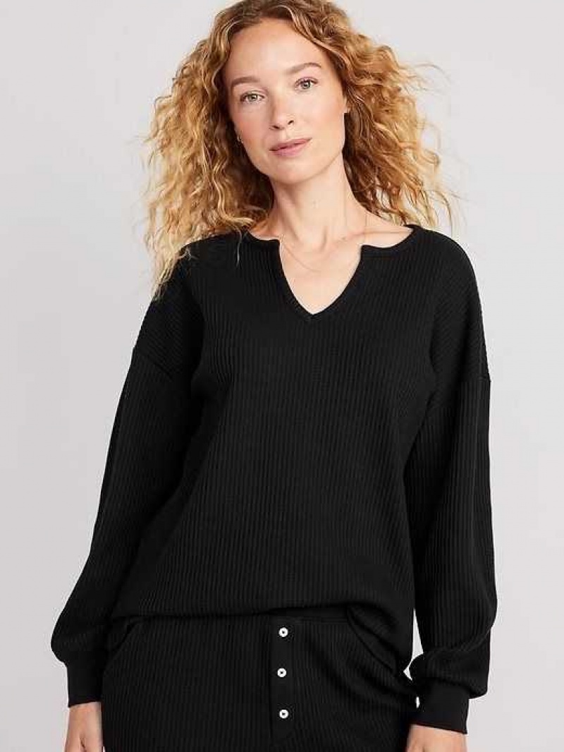 Old Navy Long Sleeve Waffle-Knit Pajama Top Black | AJM594830