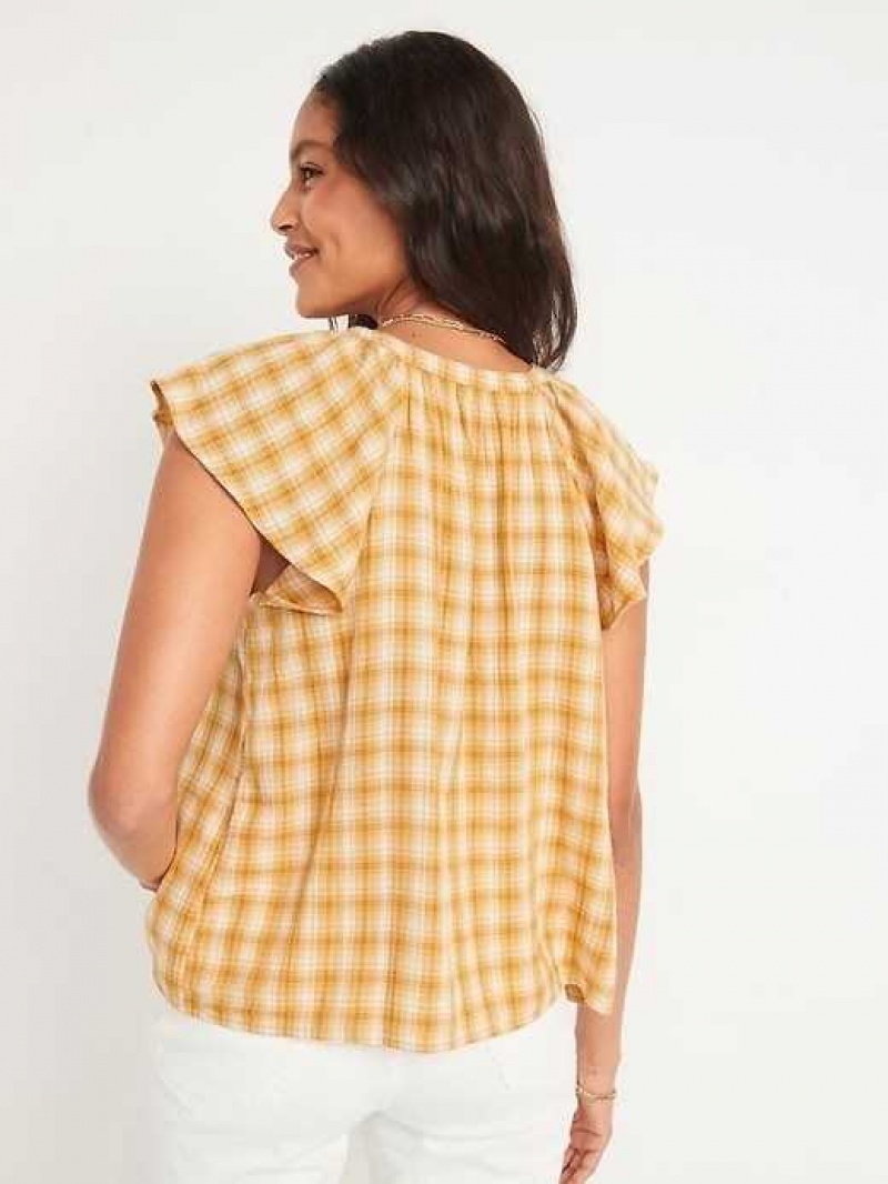 Old Navy Loose Check-Pattern Flutter-Sleeve Top Yellow | EHY651432