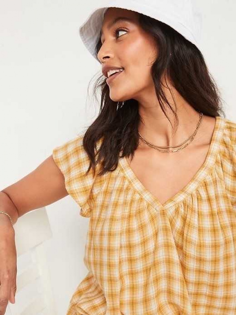 Old Navy Loose Check-Pattern Flutter-Sleeve Top Yellow | EHY651432