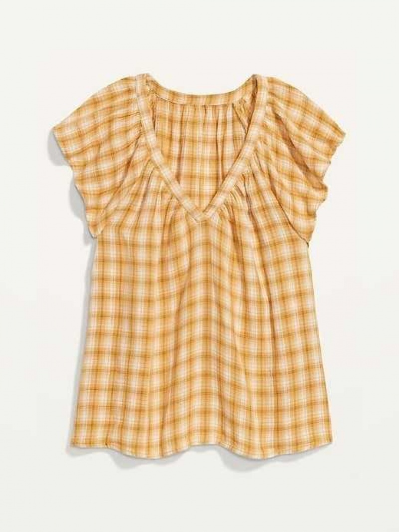 Old Navy Loose Check-Pattern Flutter-Sleeve Top Yellow | EHY651432