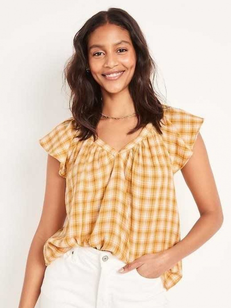 Old Navy Loose Check-Pattern Flutter-Sleeve Top Yellow | EHY651432