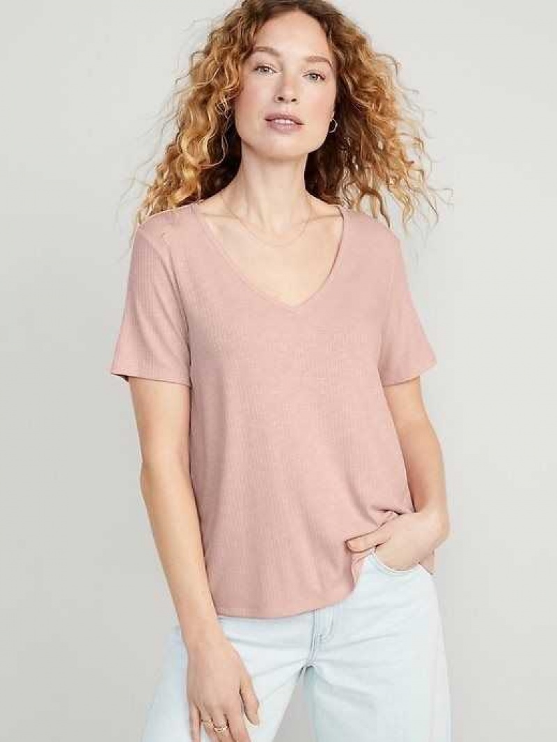 Old Navy Luxe V-Neck Ribbed Slub-Knit T-Shirt Pink | SQE725648