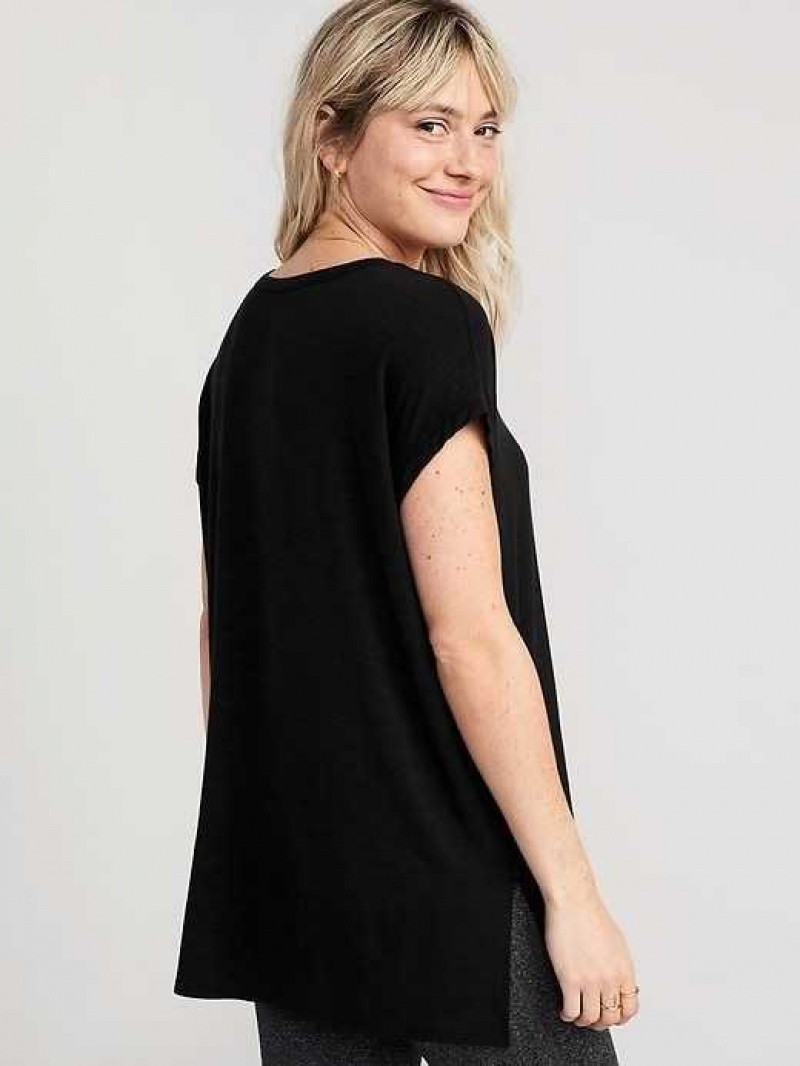 Old Navy Luxe Voop-Neck Slub-Knit Tunic T-Shirt Black | KHV268547