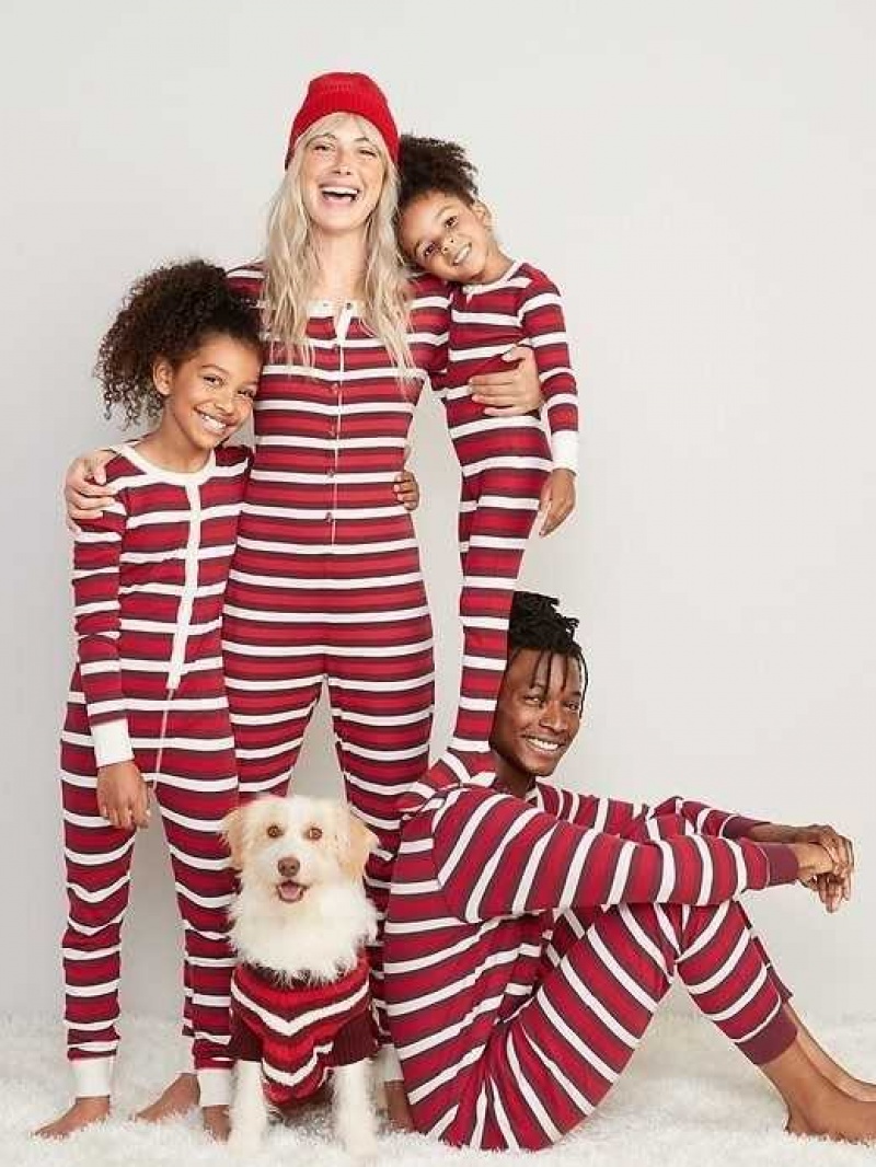 Old Navy Matching Printed One-Piece Pajamas Red Stripes | FPD645379