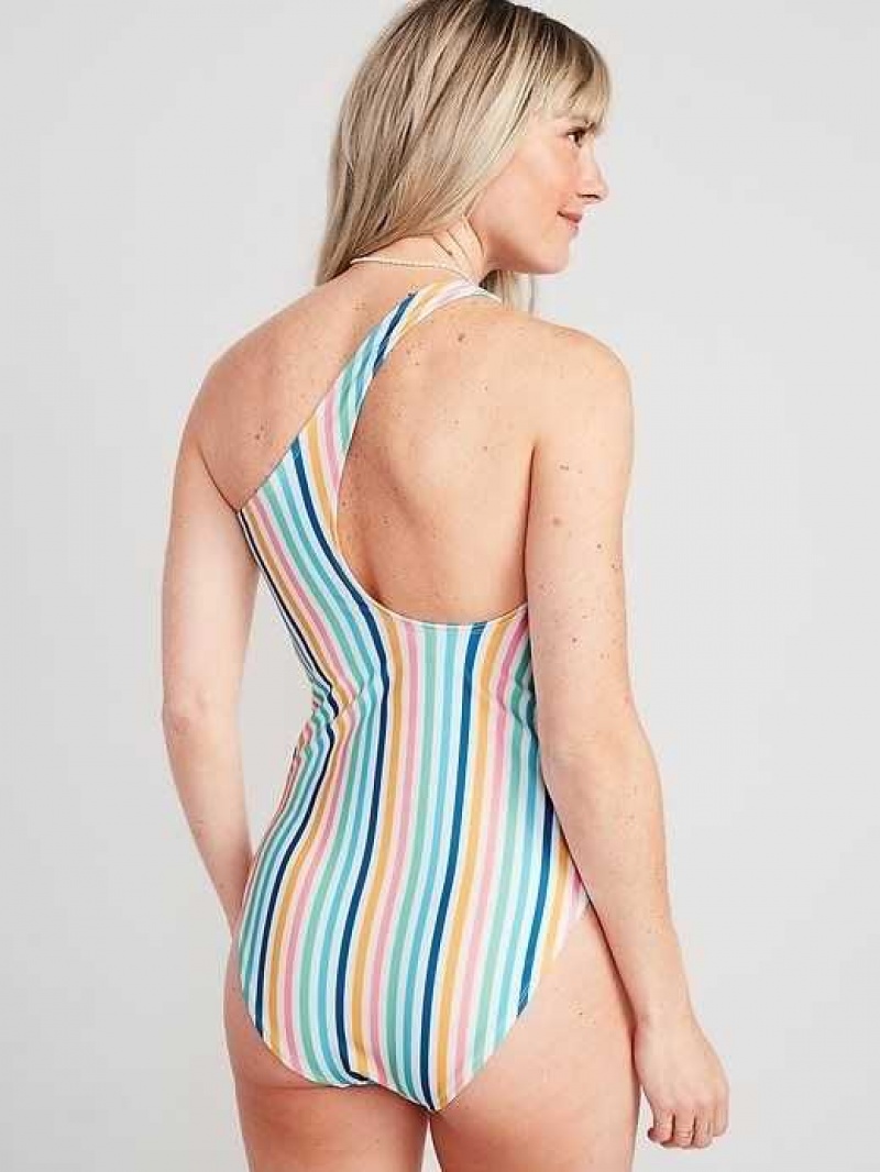 Old Navy Matching Printed One-Shoulder One-Piece Swimsuit Multicolor Stripes | TRF382056